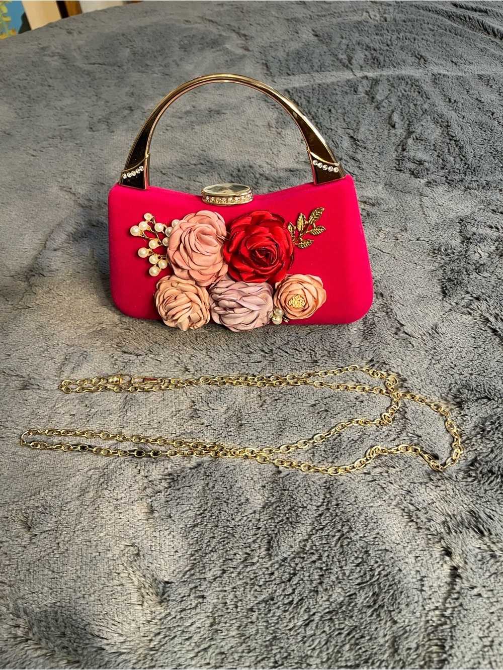Pink Floral Applique Handbag with Gold Handle and Chain Strap
